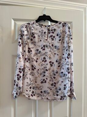 LOFT Floral Long-Sleeve Blouse - Light Pink with Burgundy